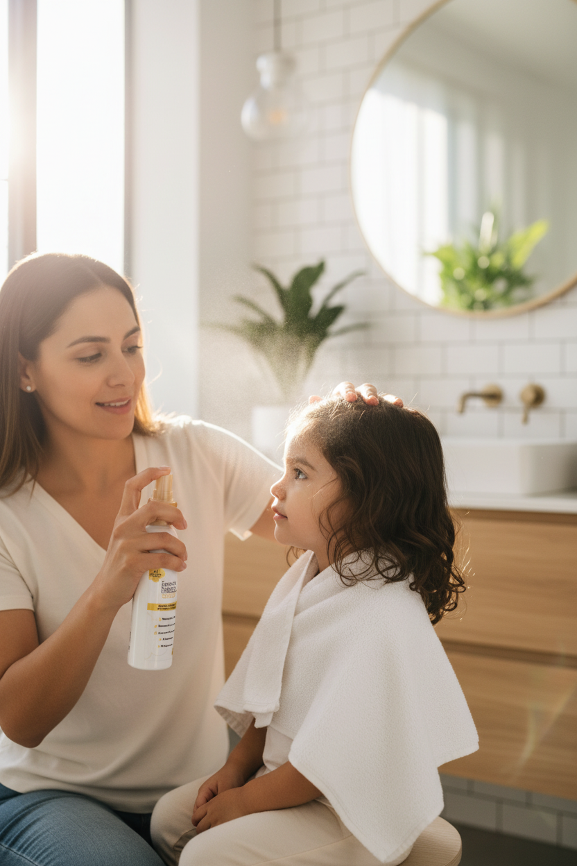 Mamá aplicando Tónico Esencia Mágica Gold en el cabello de su hijo
