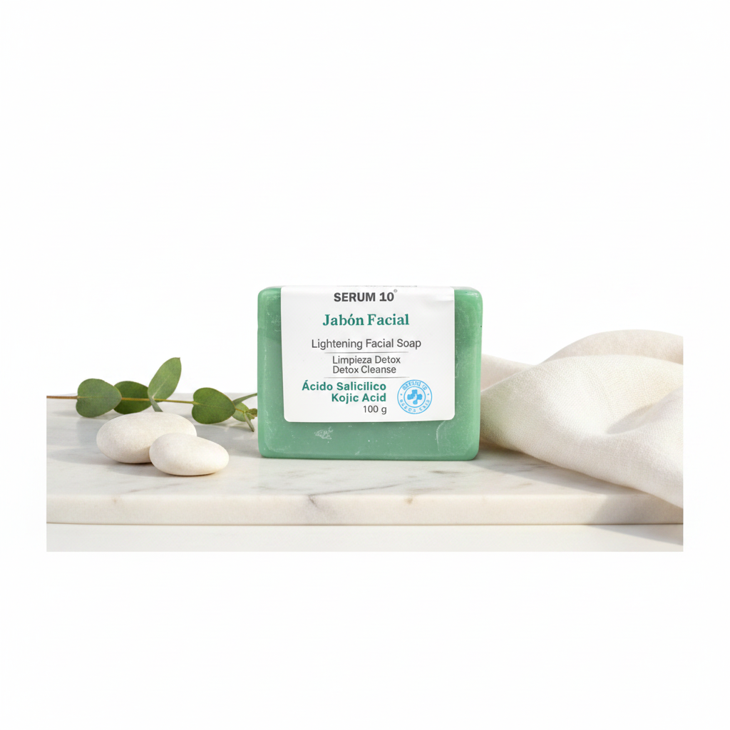 Jabón Facial Detox Sérum 10 sobre mármol minimalista