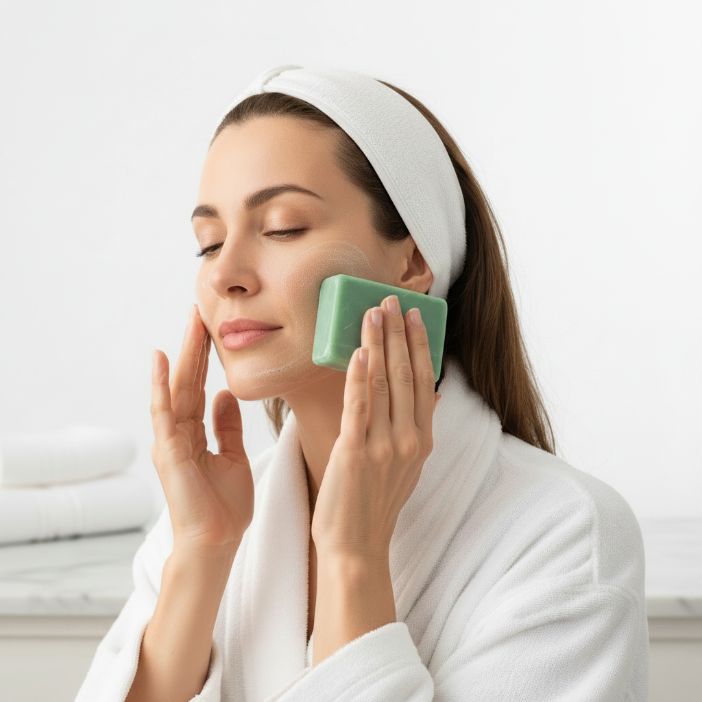 Lifestyle mujer con jabón verde sin etiqueta