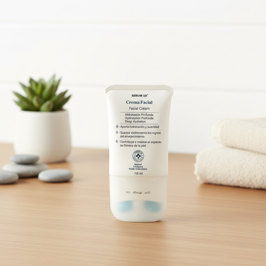 Producto Sérum 10 sobre tocador minimalista