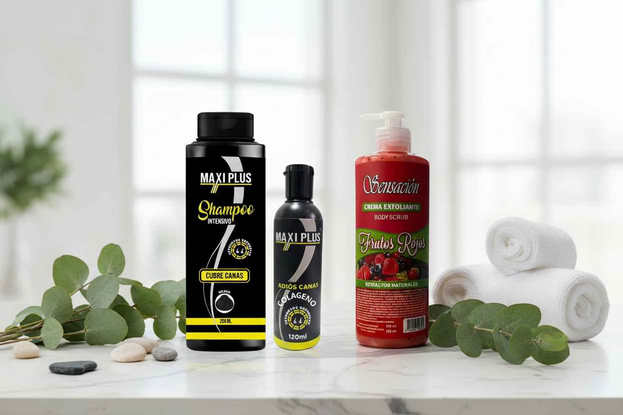 Productos MAXIPLUS en mesón de mármol estilo spa