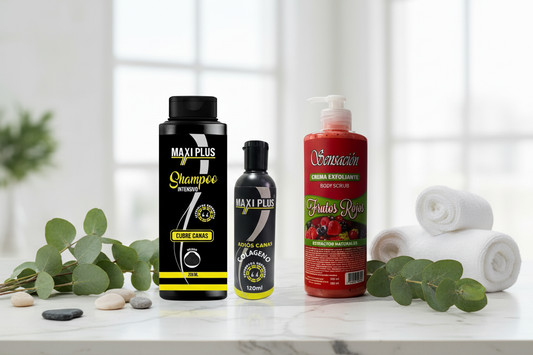 Productos MAXIPLUS en mesón de mármol estilo spa