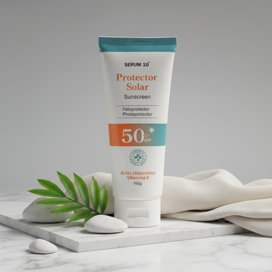Protector Solar Sérum 10 sobre superficie de mármol